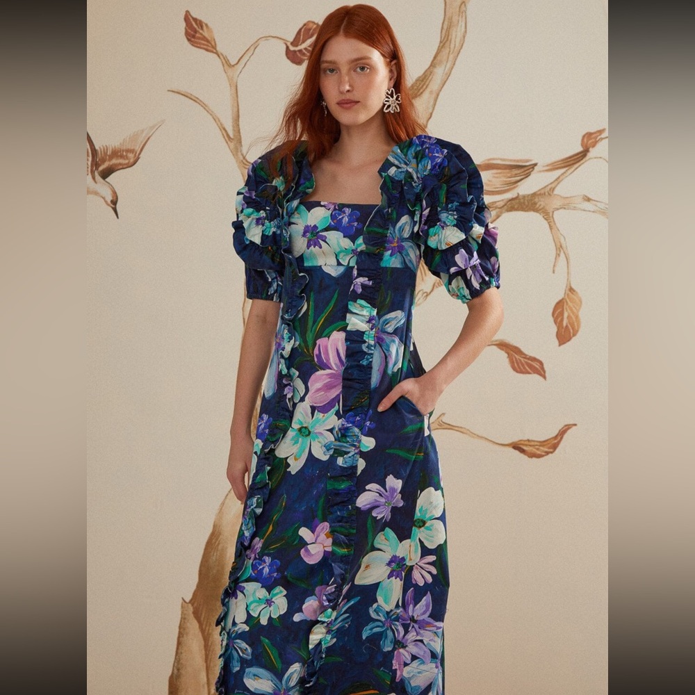 NWT FARM Rio Floraline Ruffle Short Sleeve Midi Dress